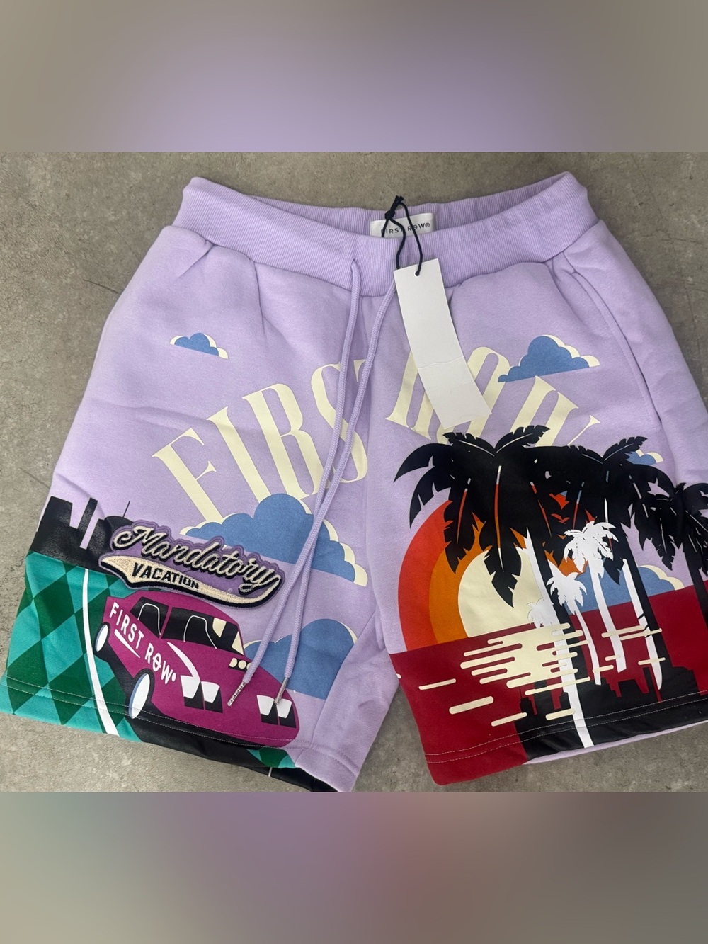 First Row Mandatory Vacation French Terry Shorts NWT Purple Graphic Rare Men’s